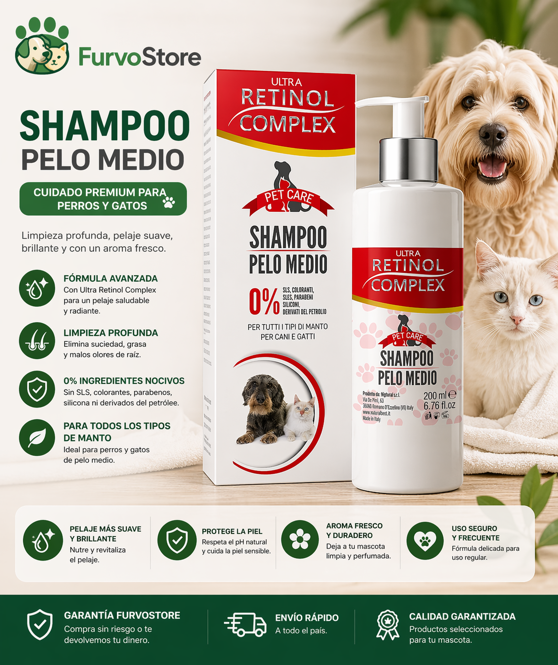Champú de Mascotas para Pelo Medio 200 ml – Retinol Complex